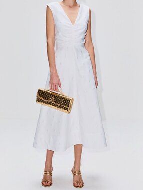 Brandon Maxwell Women's White Eliza V-Neck Polka-Dot Midi Dress Size 6